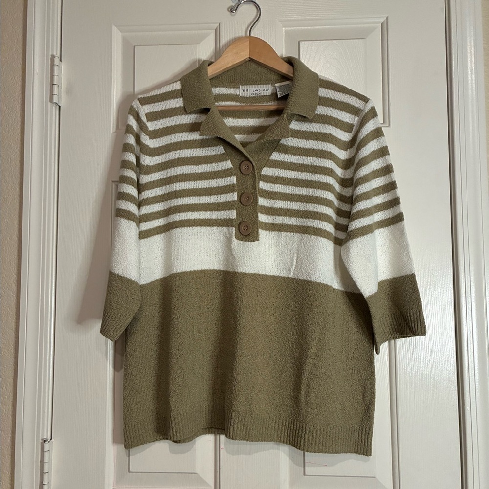 White Stag Olive and White Buttoned V-Neck Sweater